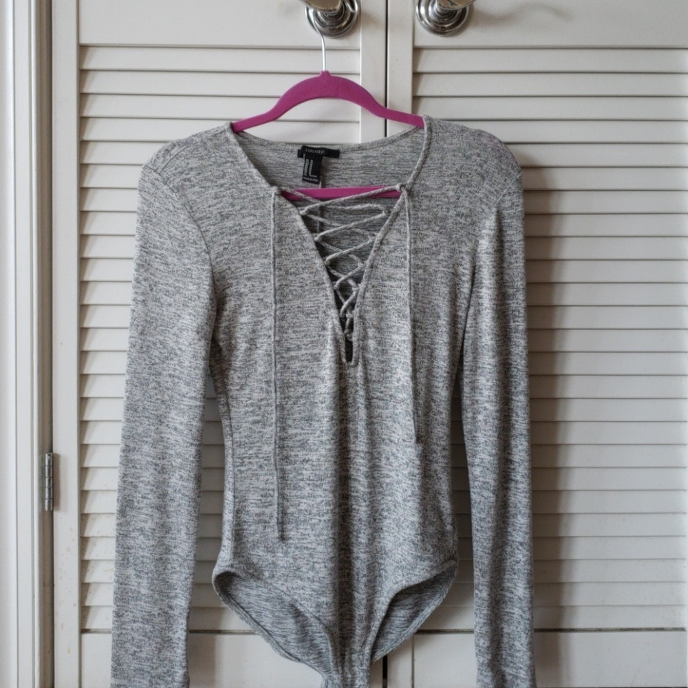 Forever 21 Grey Laceup Long Sleeve Bodysuit
